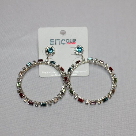 NWT Beautiful Multicolor Rhinestone Hoop Earrings - Picture 2 of 6